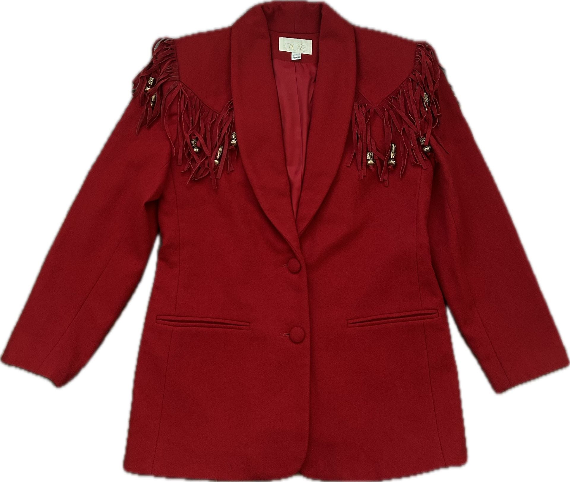 Caché Vintage Red Wool Western Blazer with Suede Fringe 2
