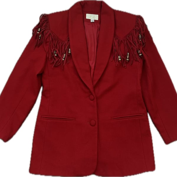 Caché Vintage Red Wool Western Blazer with Suede Fringe