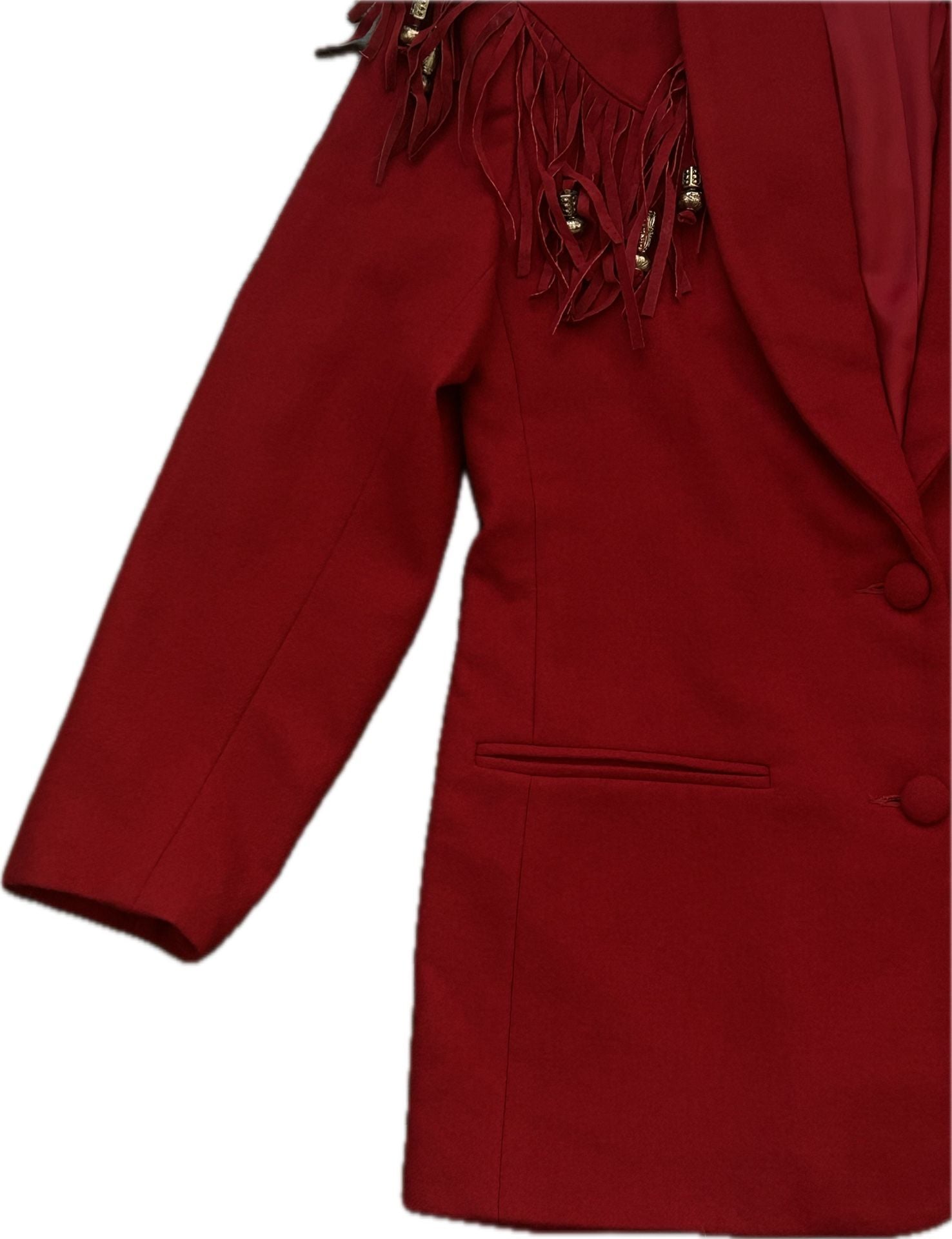Caché Vintage Red Wool Western Blazer with Suede Fringe 4