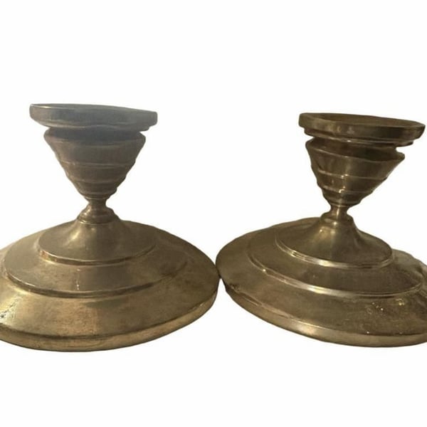 Vintage International Silver Co. Pewter Wide Base Candlestick Holders Pair haunted mansion grandma core