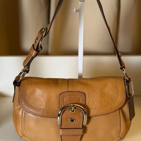 Coach Medium Soho Tan Leather Front Flap Buckle Shoulder Saddle Bag F13105