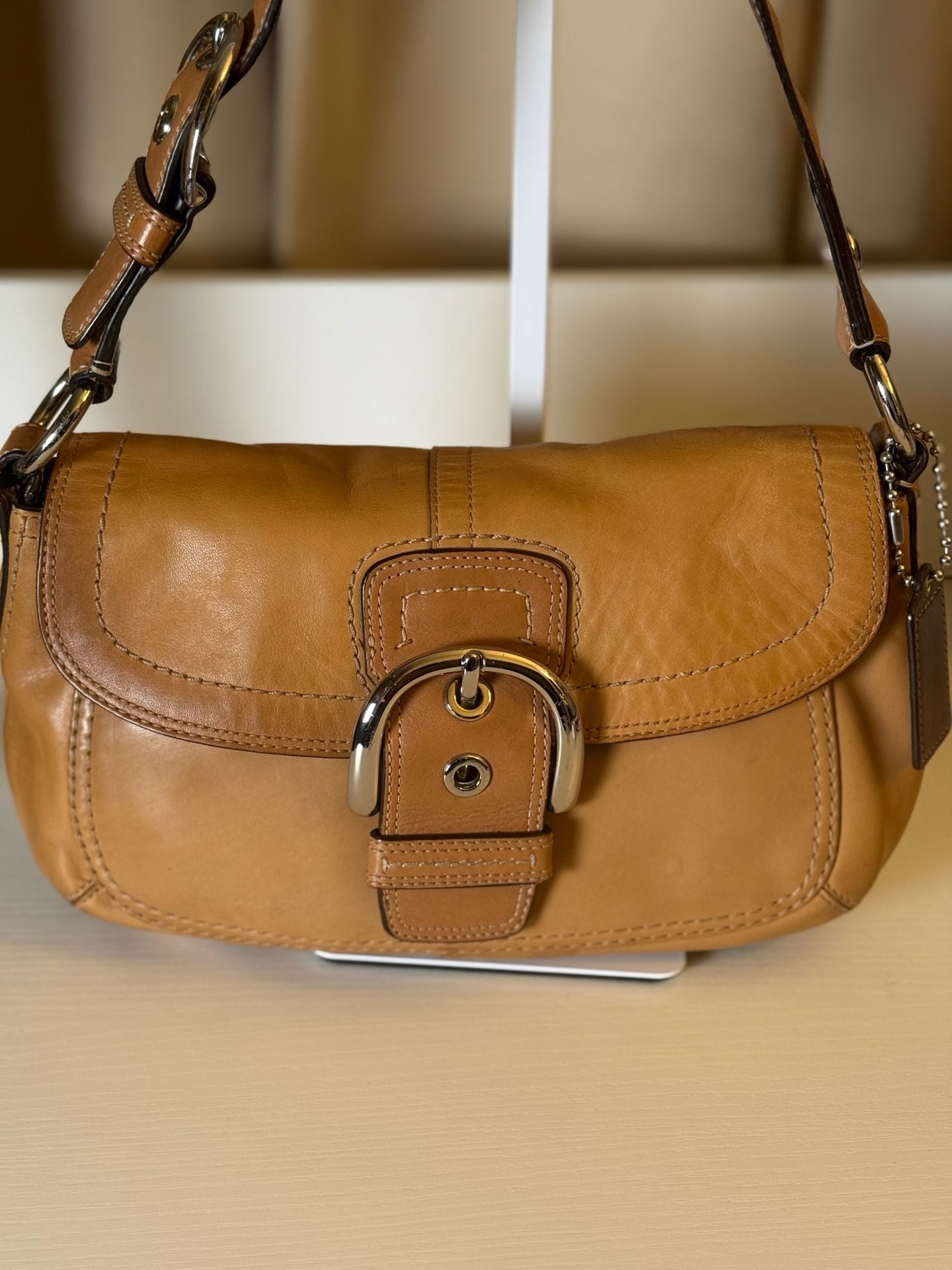 Coach Medium Soho Tan Leather Front Flap Buckle Shoulder Saddle Bag F13105 9