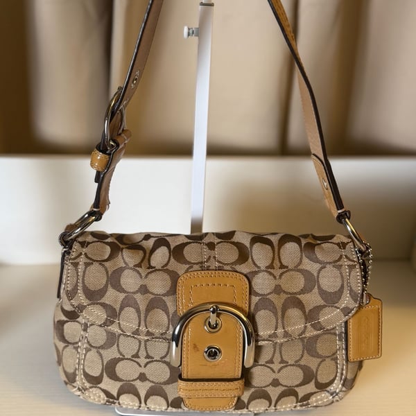 Coach Soho Signature C Buckle Flap Shoulder Bag Khaki Brown