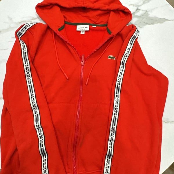Lacoste Men's Classic Fit Branded Stripes Zip-Up Hoodie Red Size L