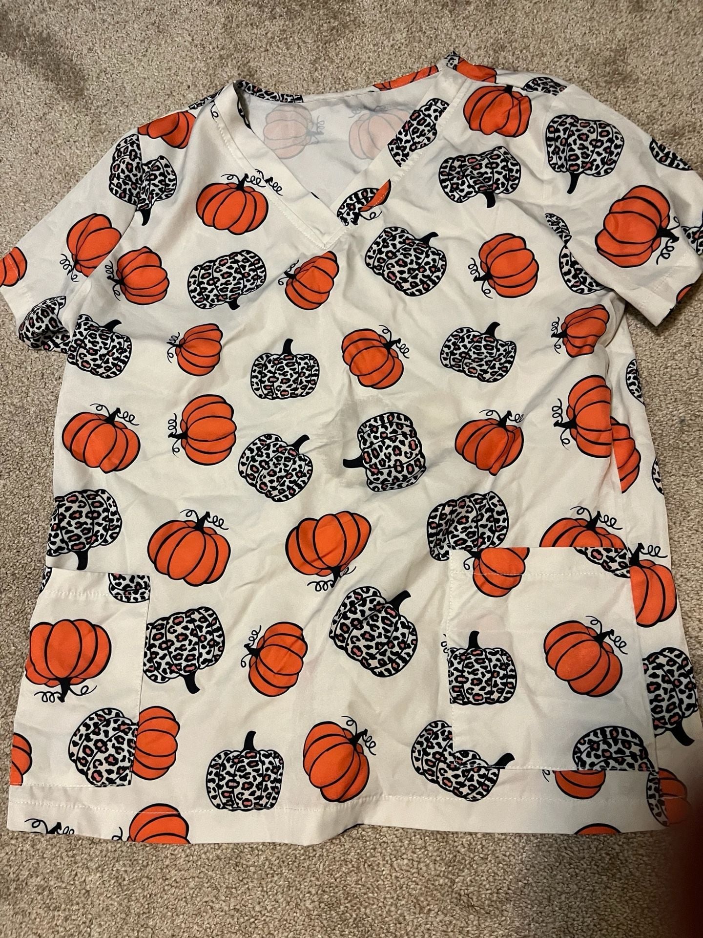 Women's Pumpkin Leopard Print V-Neck Short Sleeve Scrub Top- Small 2