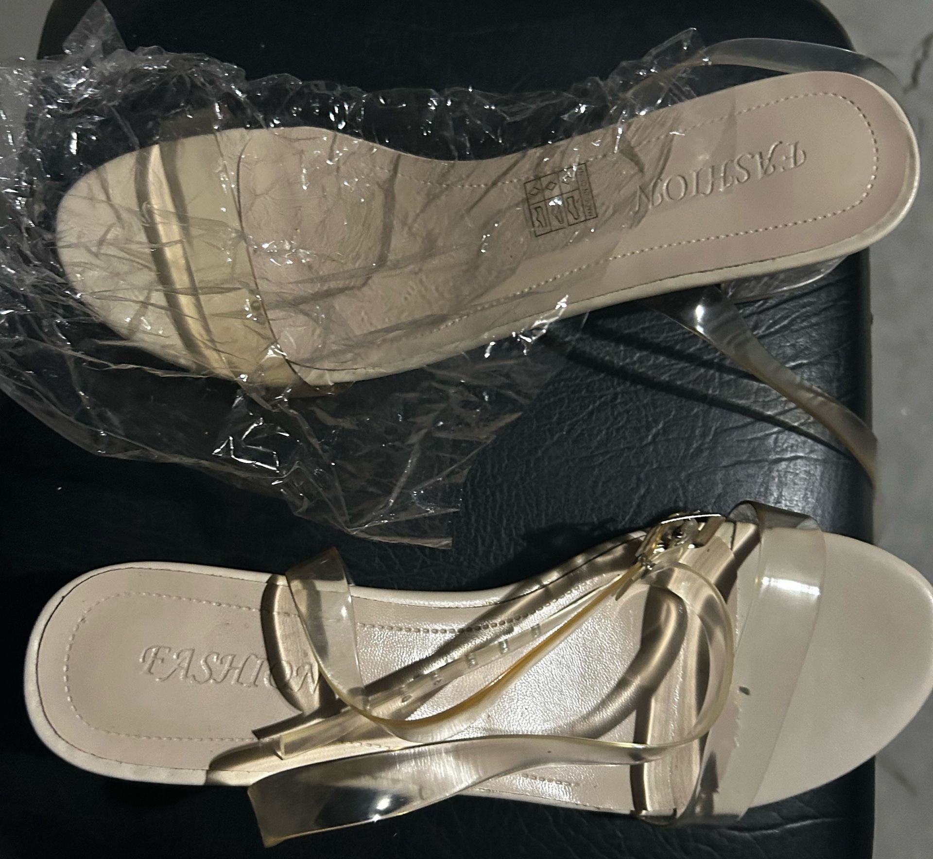 Clear Strap Low Heel Sandals with Beige Insole 1