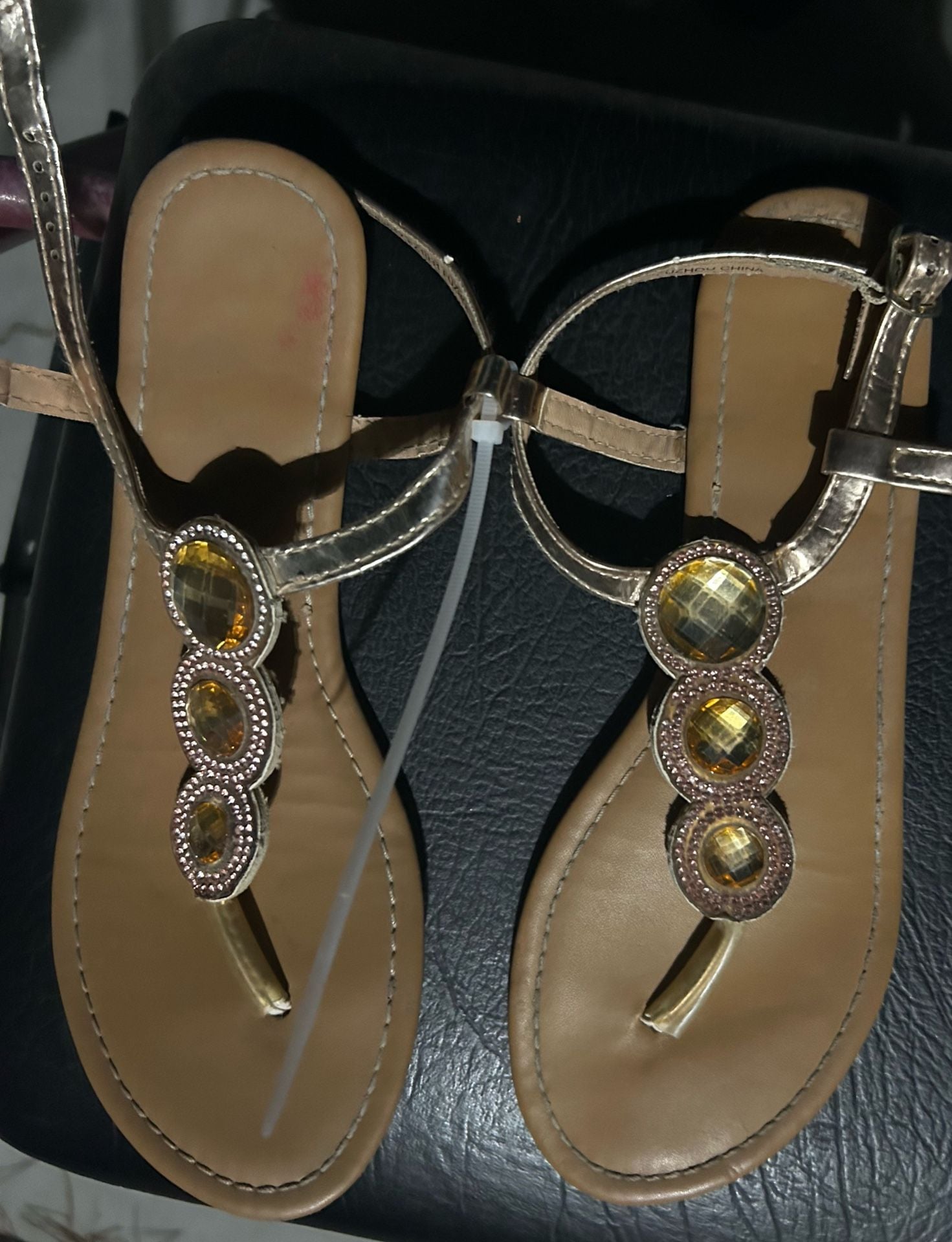 Gold Flat Sandals with Rhinestone Embellished T-Strap 2
