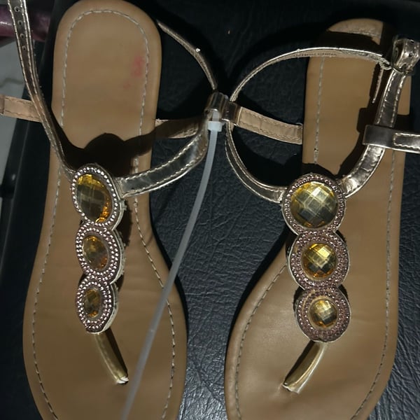 Gold Flat Sandals with Rhinestone Embellished T-Strap