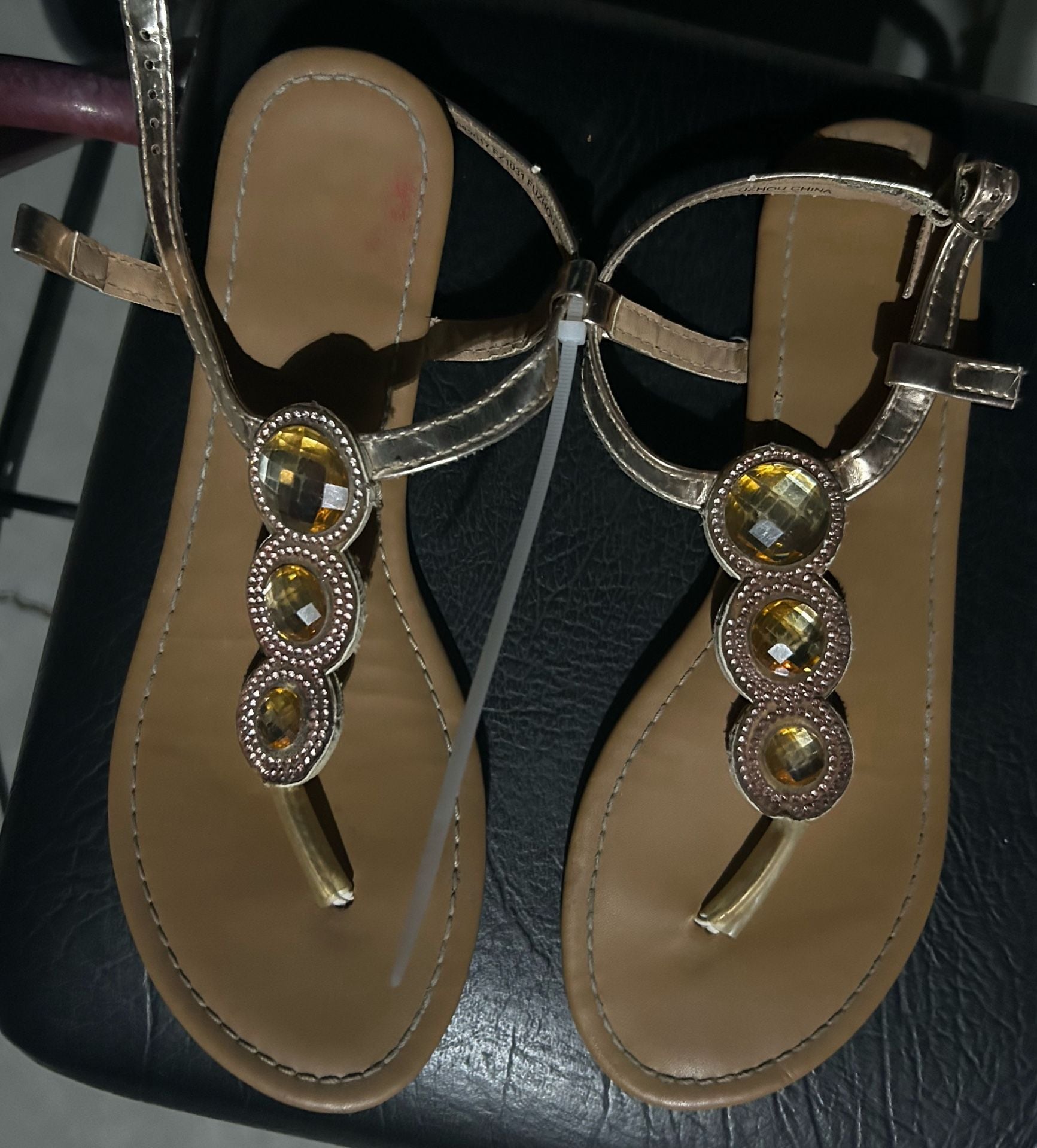 Gold Flat Sandals with Rhinestone Embellished T-Strap 3