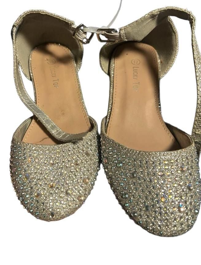 Lucky Top silver Glitter Rhinestone Ankle Strap Block Heel Dress Shoes Size 10 4