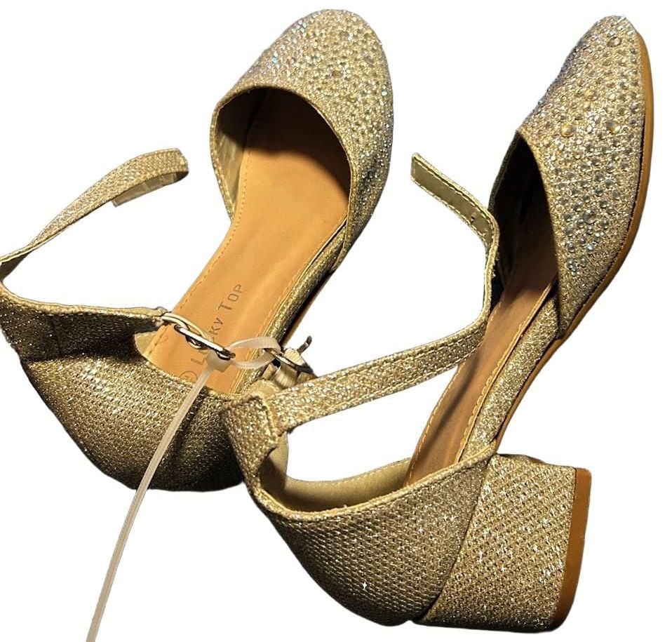 Lucky Top silver Glitter Rhinestone Ankle Strap Block Heel Dress Shoes Size 10 2