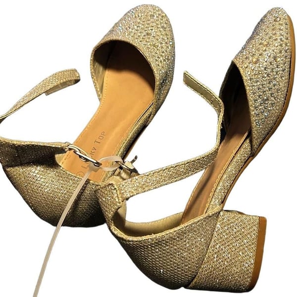 Lucky Top silver Glitter Rhinestone Ankle Strap Block Heel Dress Shoes Size 10