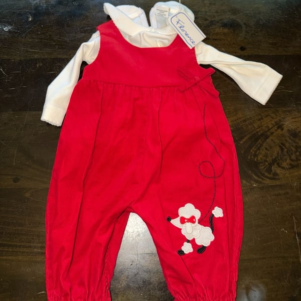 Florence Eiseman Red Corduroy Poodle Applique Romper and Shirt Set Size 6M
