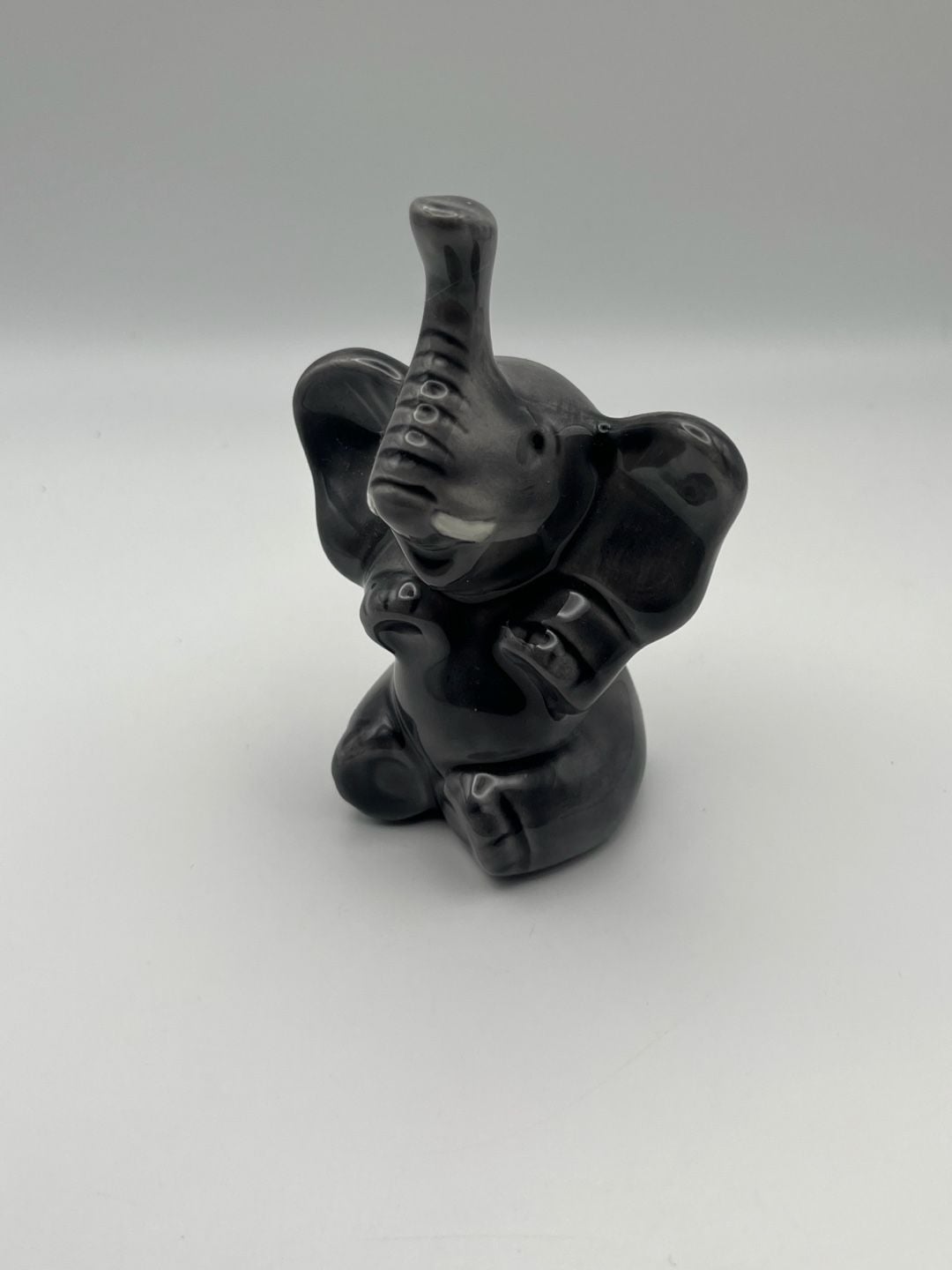 Vintage Ceramic Elephant Figurine Glossy Black Trunk Up (K) 1