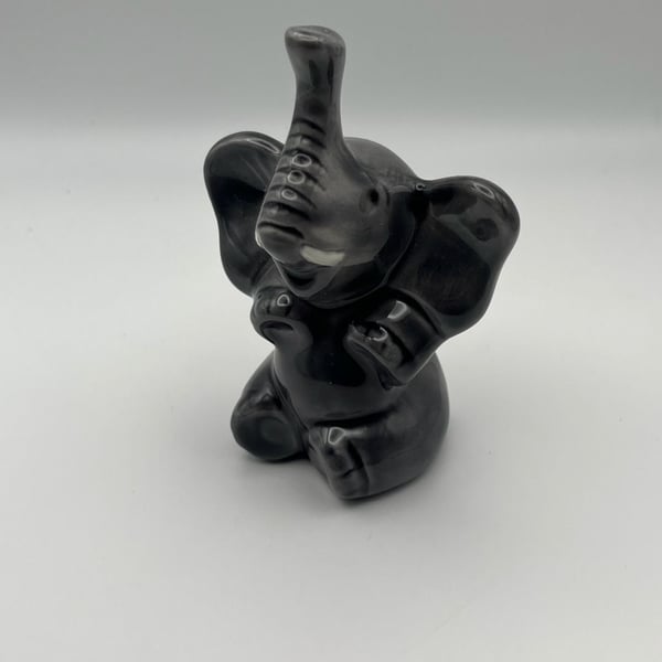 Vintage Ceramic Elephant Figurine Glossy Black Trunk Up (K)