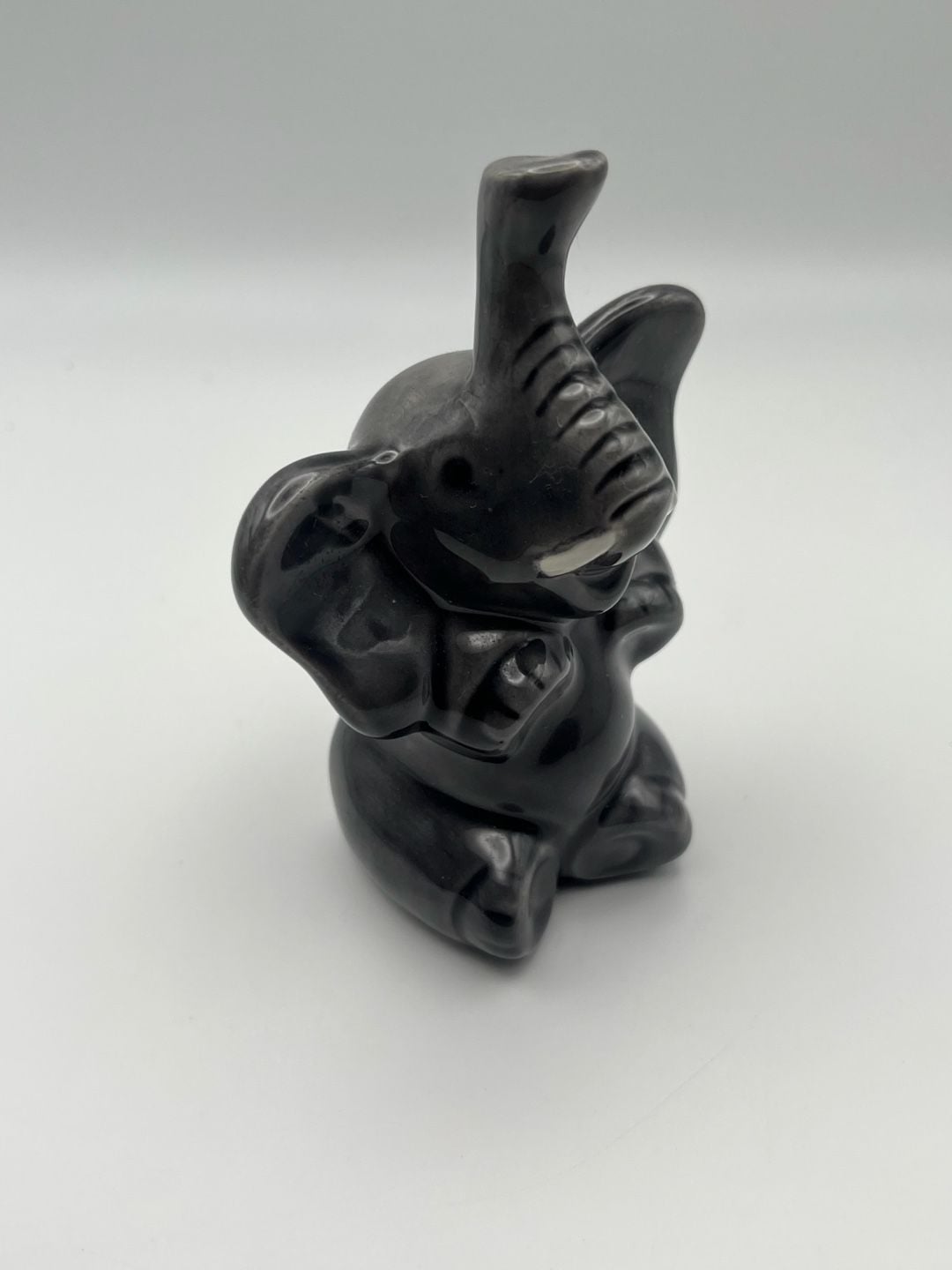 Vintage Ceramic Elephant Figurine Glossy Black Trunk Up (K) 2