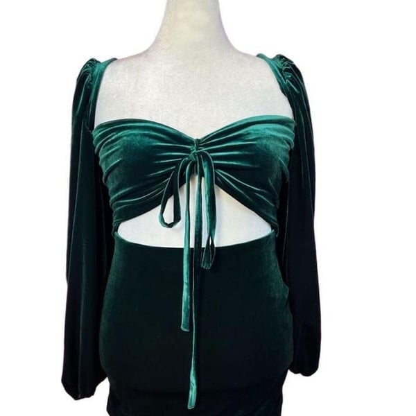 House of CB Abigail Emerald Green Velvet Mini Dress Size L Long Sleeve Cutout