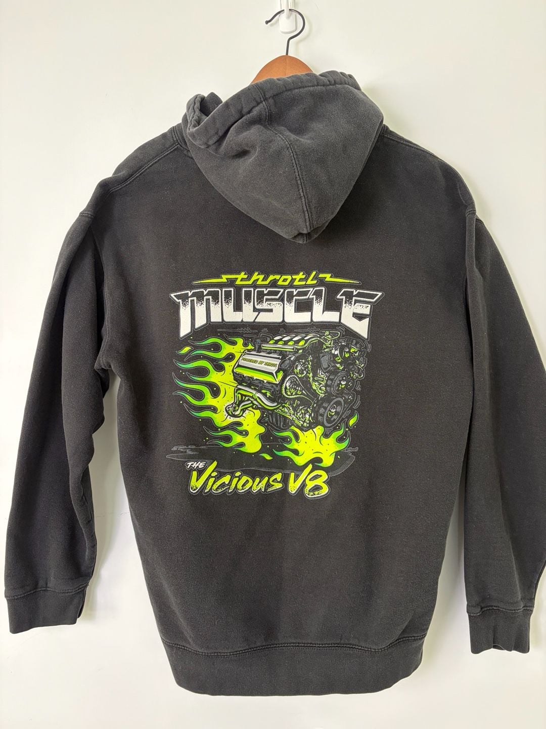 Throtl Muscle Vicious V8 Engine Flames Black Pullover Hoodie Size Large 4