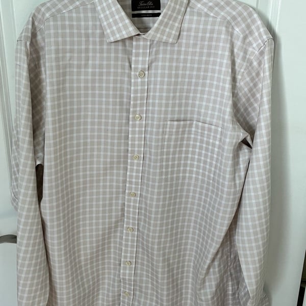 Tasso Elba Regular Fit Non-Iron Beige Check Plaid Long Sleeve Dress Shirt 16 1/2 36/37