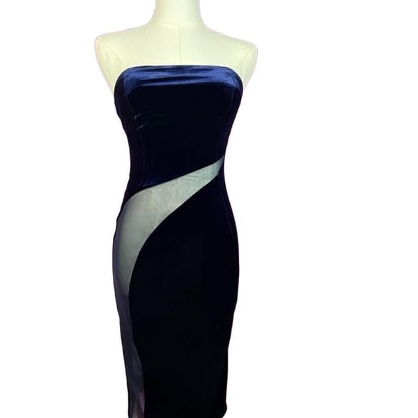 House of CB Careda Navy Velvet Mesh Cutout Bodycon Midi Dress XS NWT