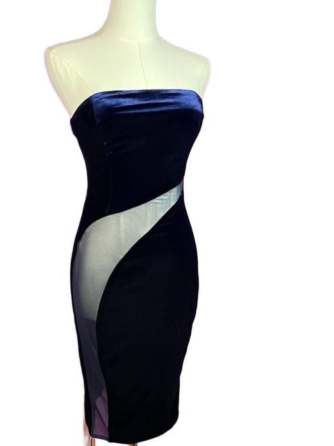 House of CB Careda Navy Velvet Mesh Cutout Bodycon Midi Dress XS NWT 3