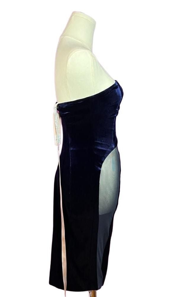 House of CB Careda Navy Velvet Mesh Cutout Bodycon Midi Dress XS NWT 5