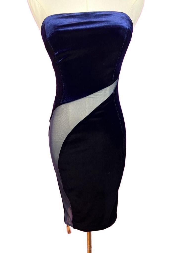 House of CB Careda Navy Velvet Mesh Cutout Bodycon Midi Dress XS NWT 4