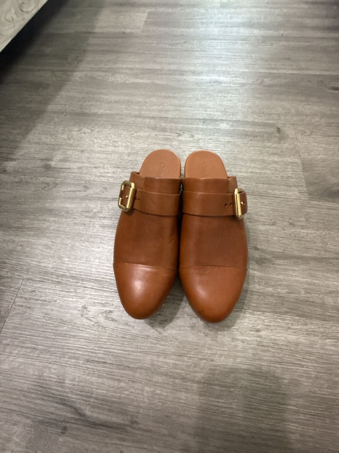 Chloe Leather Buckle Mules Slides Tan Brown 2