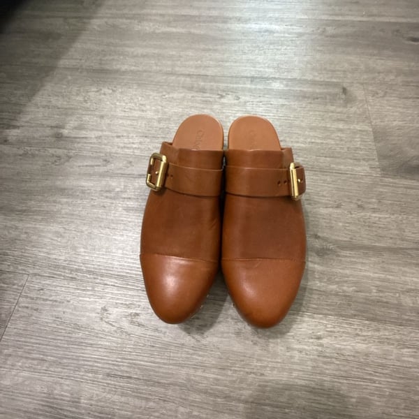 Chloe Leather Buckle Mules Slides Tan Brown