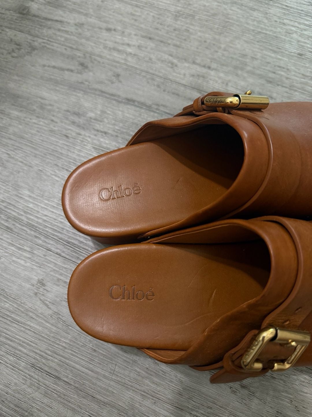 Chloe Leather Buckle Mules Slides Tan Brown 4