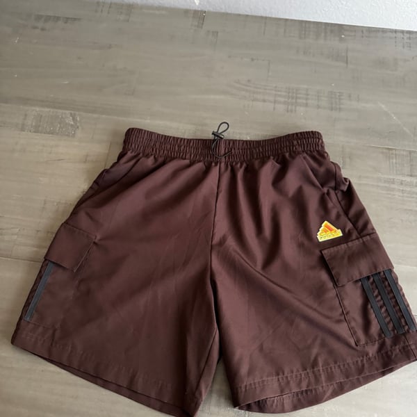 Adidas Brown Cargo Shorts with Drawstring and Iridescent Logo Size M