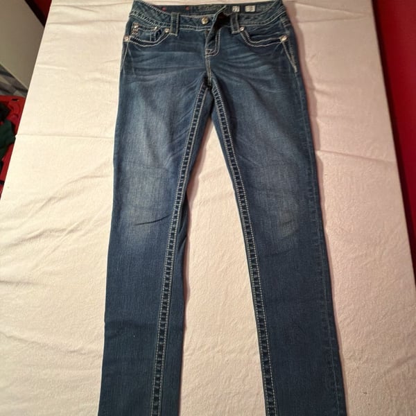 Miss Me Mid-Rise Skinny Jeans Women's Size 27 Embellished Flap Pockets Blue Denim