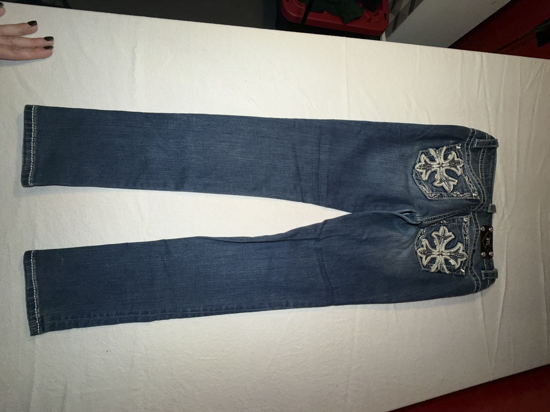 Miss Me Mid-Rise Skinny Jeans Women's Size 27 Embellished Flap Pockets Blue Denim 7
