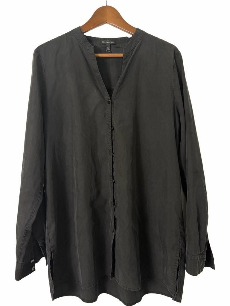 Eileen Fisher Band Collar Tunic Button Up Shirt Black Medium 2