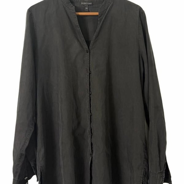 Eileen Fisher Band Collar Tunic Button Up Shirt Black Medium
