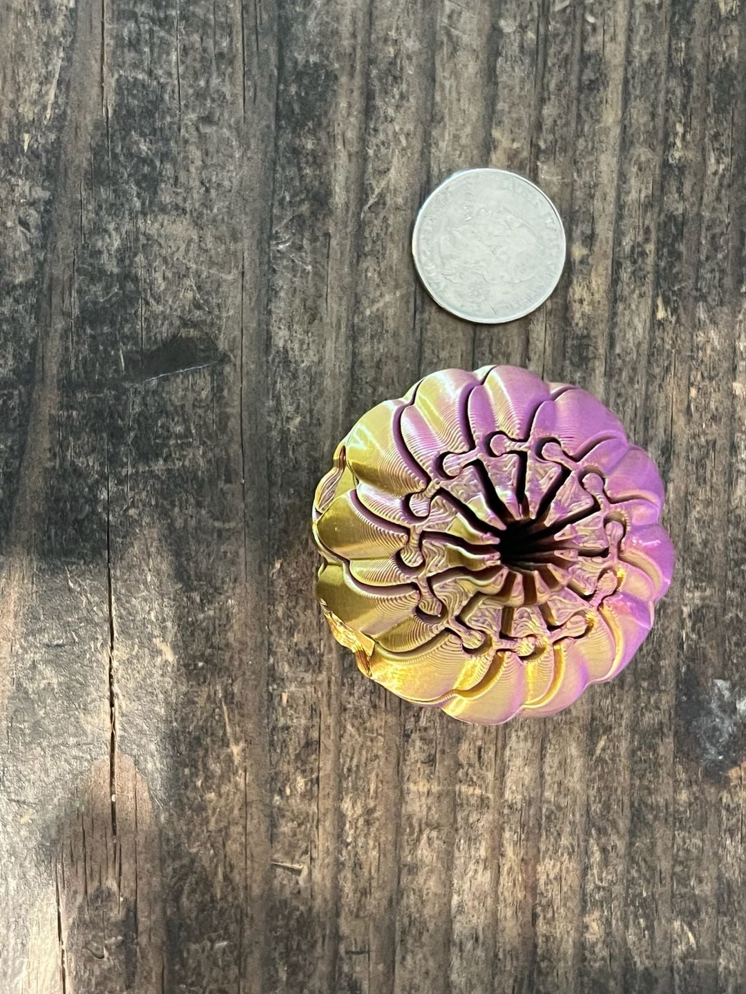 Small 3D Printed Sensory Twist Ball Fidget Pumpkin Purple and Gold Gradient 2