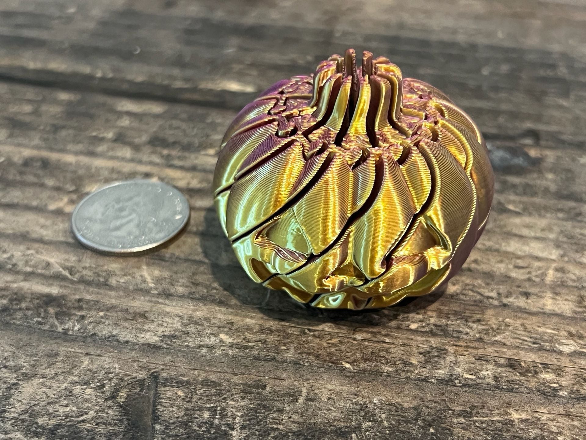 Small 3D Printed Sensory Twist Ball Fidget Pumpkin Purple and Gold Gradient 3