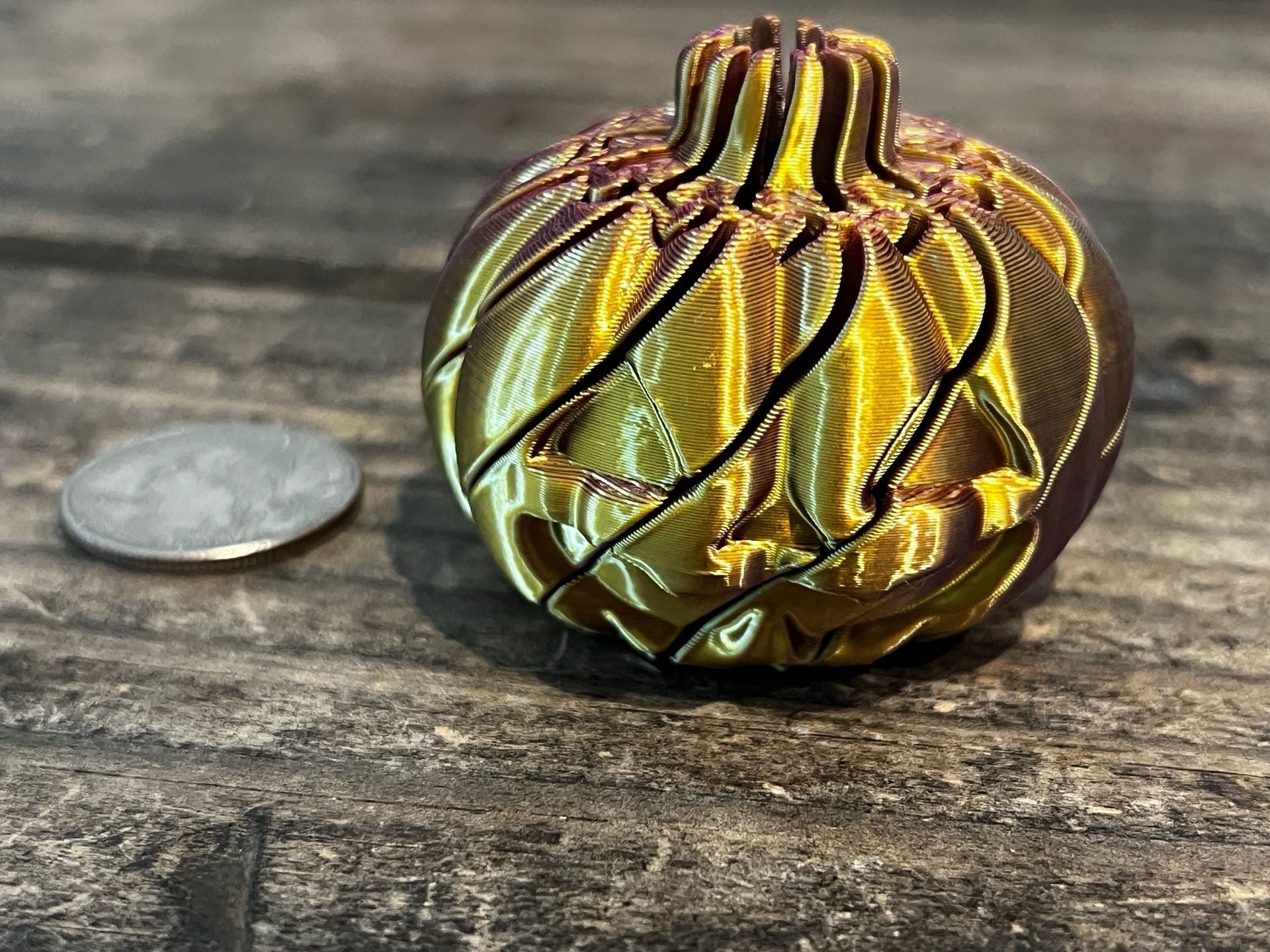 Small 3D Printed Sensory Twist Ball Fidget Pumpkin Purple and Gold Gradient 1