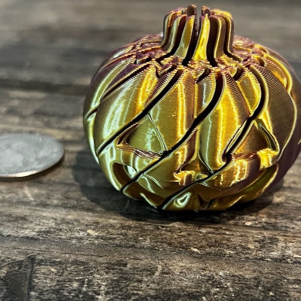 Small 3D Printed Sensory Twist Ball Fidget Pumpkin Purple and Gold Gradient