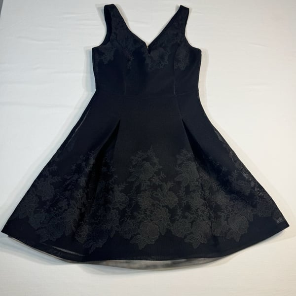 DKNY Black Floral Embroidered Mesh Fit and Flare Cocktail Dress