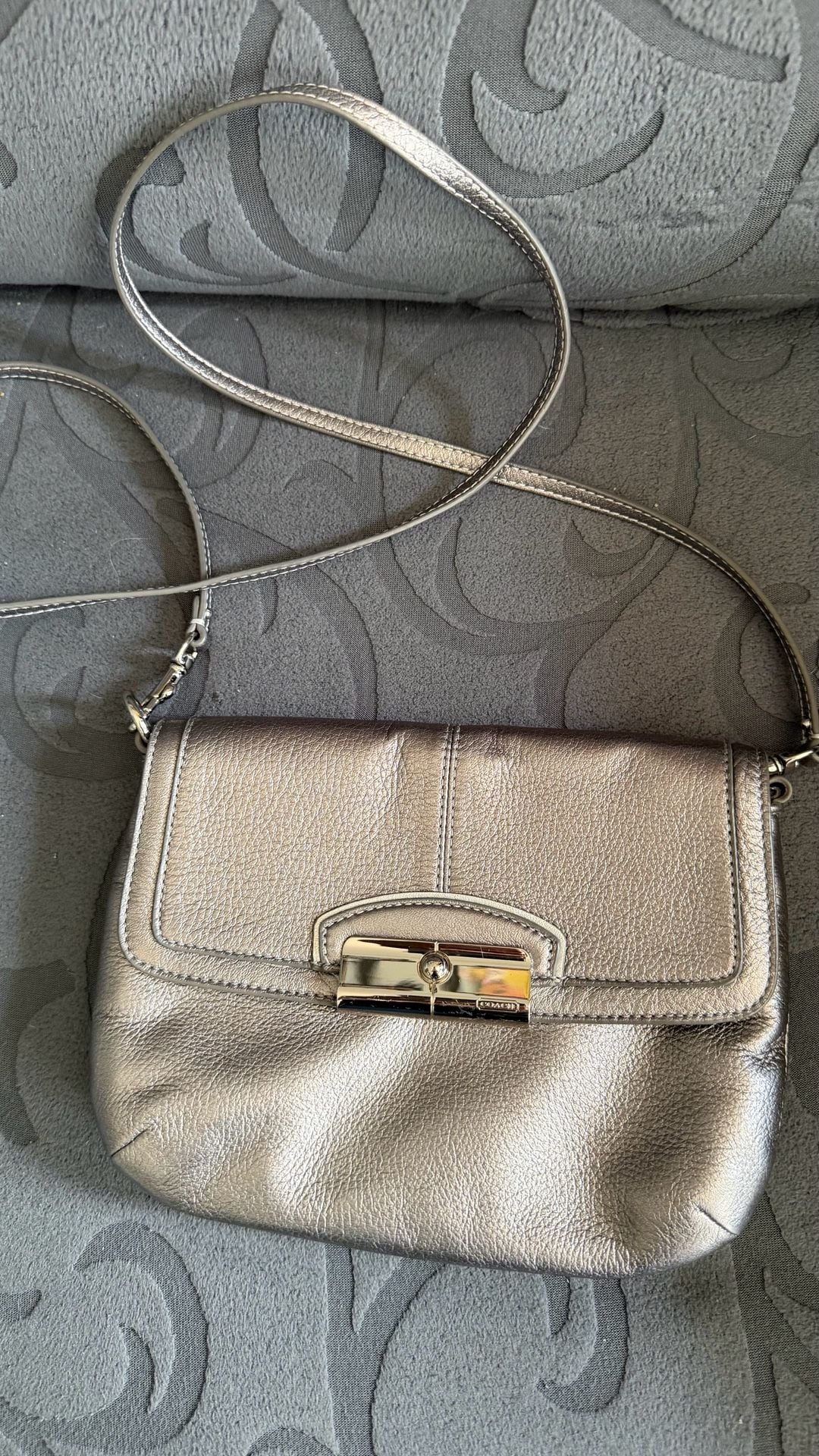 Coach Metallic Gray Leather Crossbody Bag with Silver lock and Purple Lining 2