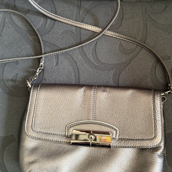 Coach Metallic Gray Leather Crossbody Bag with Silver lock and Purple Lining