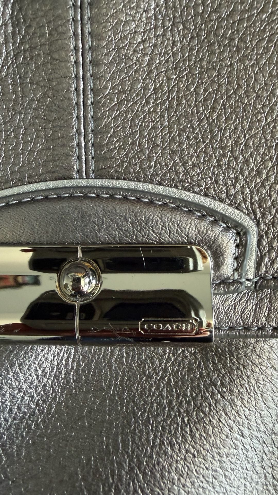 Coach Metallic Gray Leather Crossbody Bag with Silver lock and Purple Lining 3