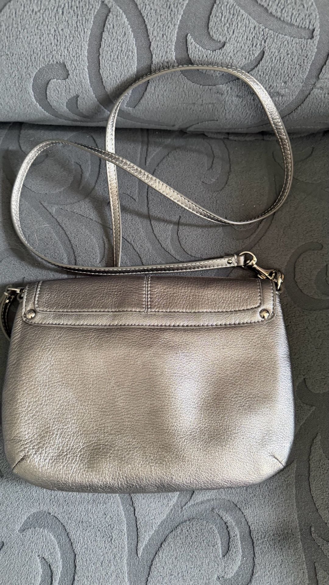 Coach Metallic Gray Leather Crossbody Bag with Silver lock and Purple Lining 4