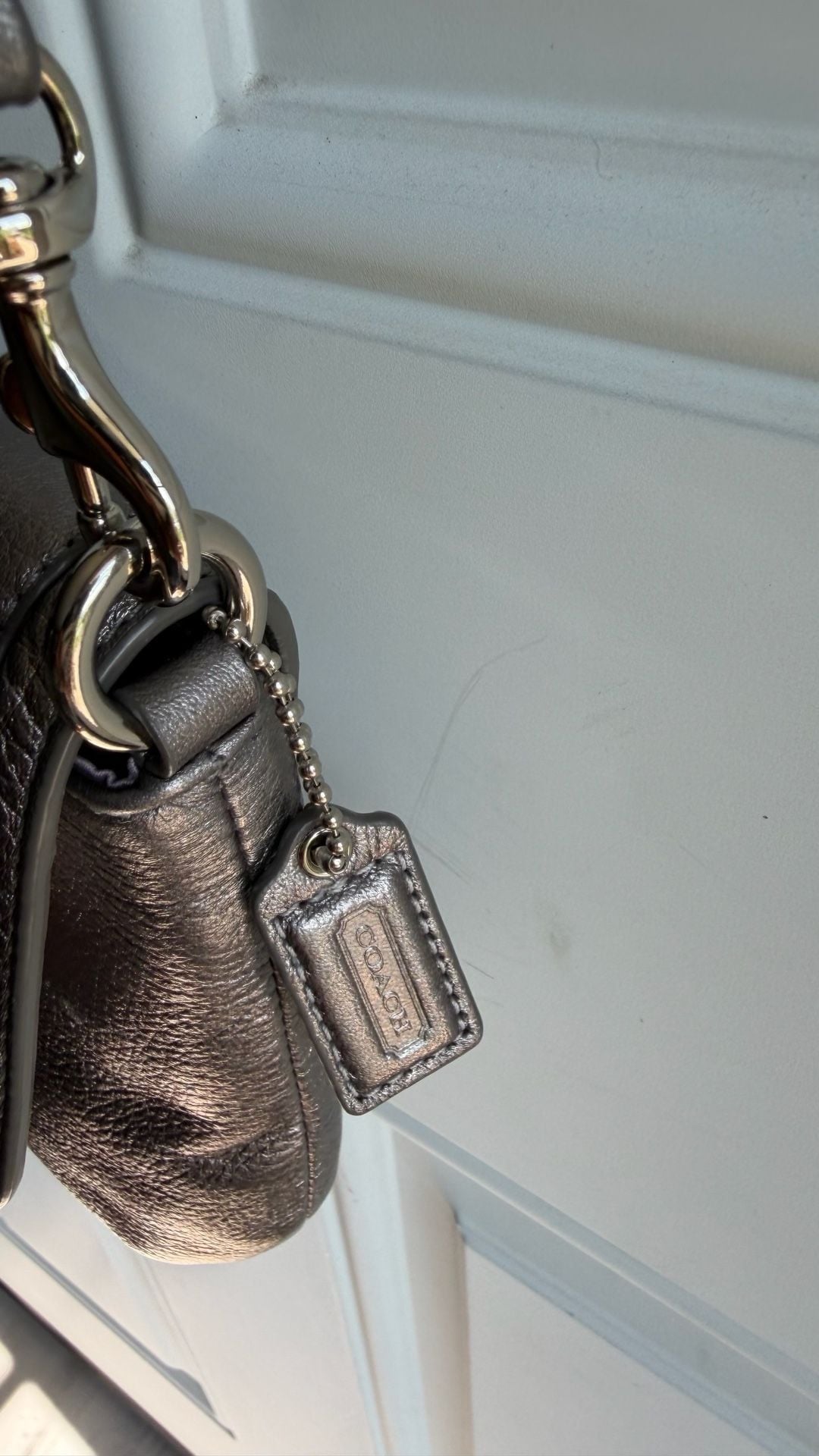 Coach Metallic Gray Leather Crossbody Bag with Silver lock and Purple Lining 6