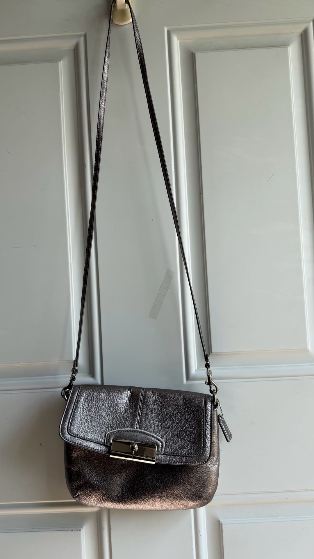 Coach Metallic Gray Leather Crossbody Bag with Silver lock and Purple Lining 7