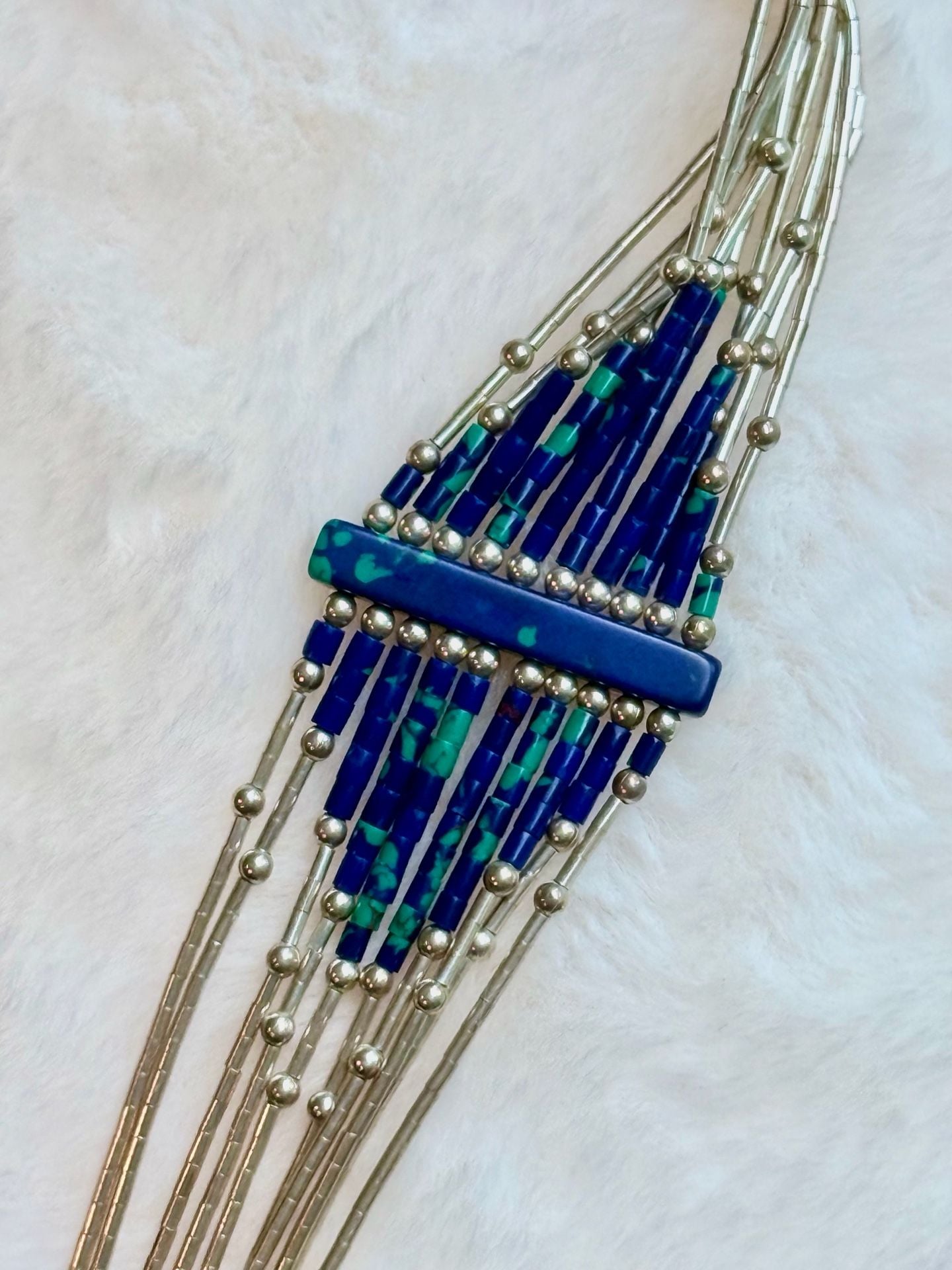 Vintage Native American Sterling Liquid Silver Lapis and Turquoise Bead Necklace 3