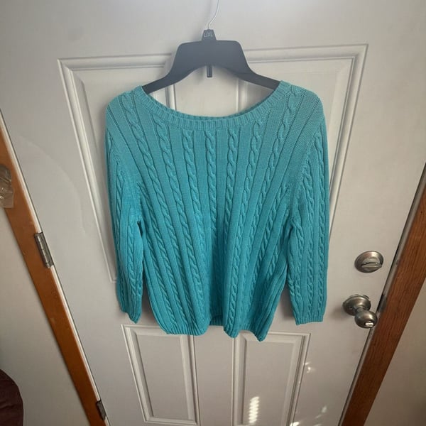 Woman Within Cable Knit Pullover Crewneck Sweater Seamist Blue