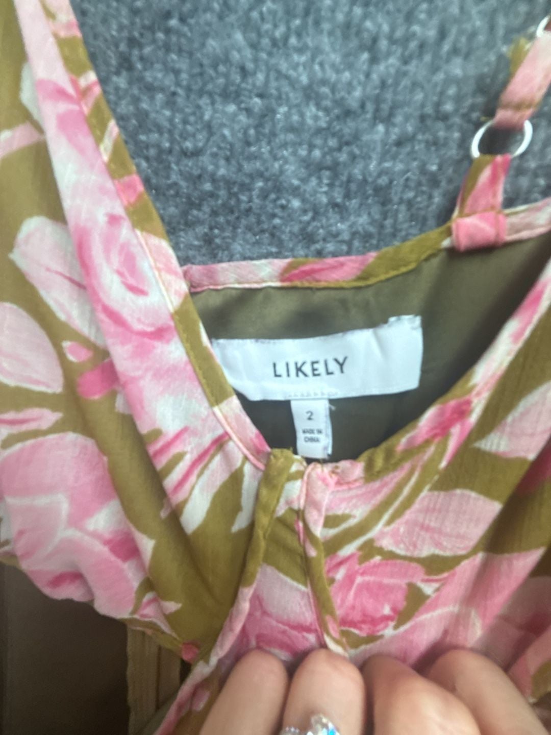 LIKELY Katerina Dress Olive Oil Pink Floral Cutout Midi 3