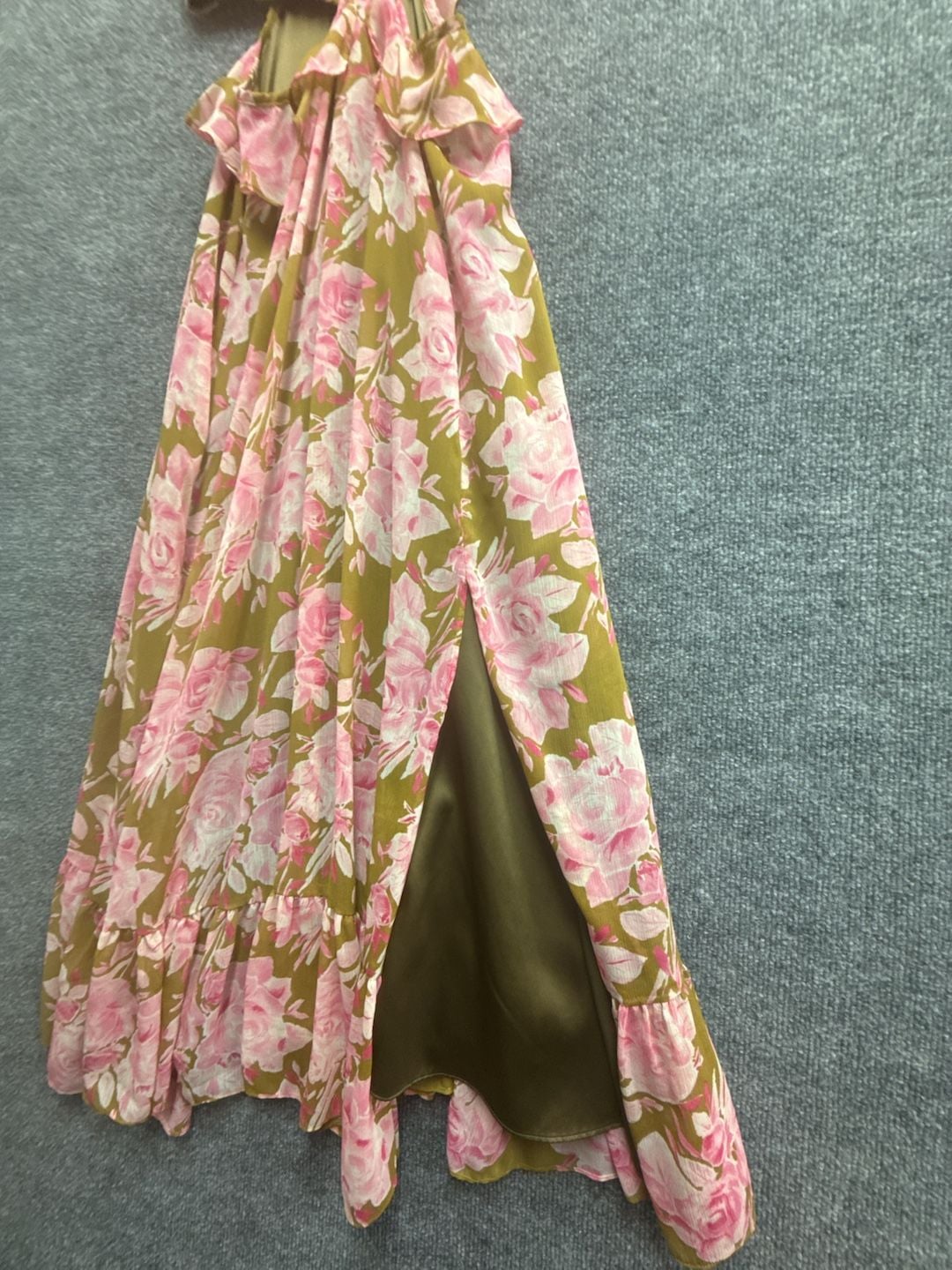 LIKELY Katerina Dress Olive Oil Pink Floral Cutout Midi 4